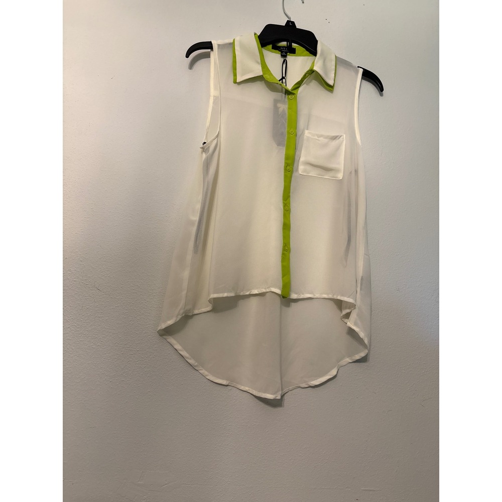 Iris Basic Sleeveless Top Womens M White New High Low Lime Green Contrast Trim